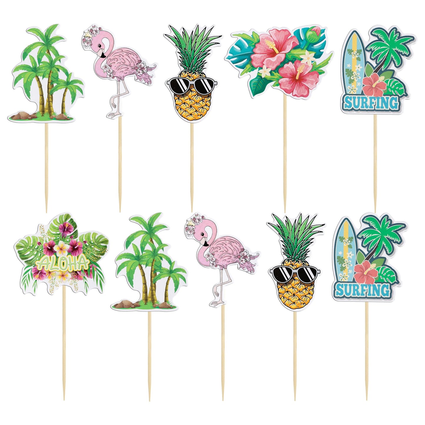 Gyufise 36Pcs Tropical Aloha Luau Cupcake Toppers Palm Tree Flower Turtle Leaves Flamingo Pineapple Cupcake Picks Summer Hawaiia