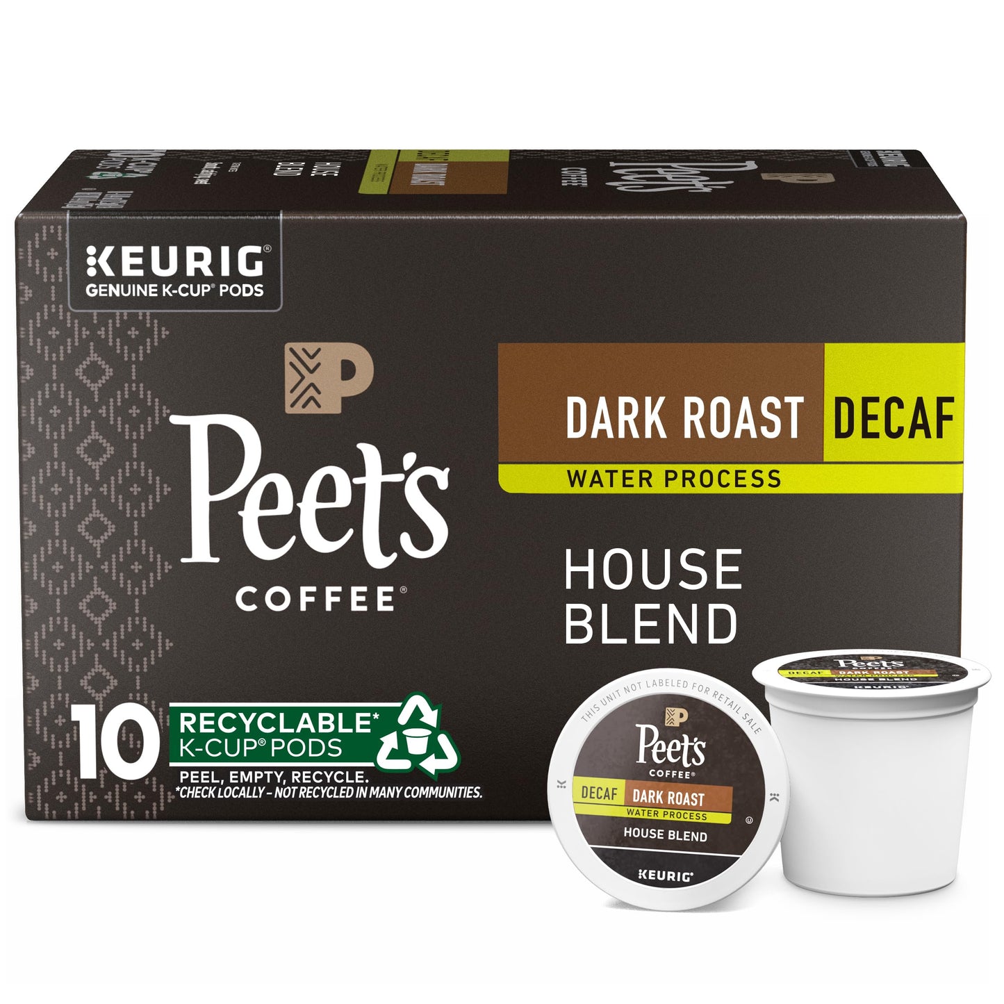 Peets Coffee  Dark Roast Decaffeinated Coffee K-Cup Pods for Keurig malt-inspired - Decaf House Blend 10 Count (1 Box of 10 K-Cup Pods)
