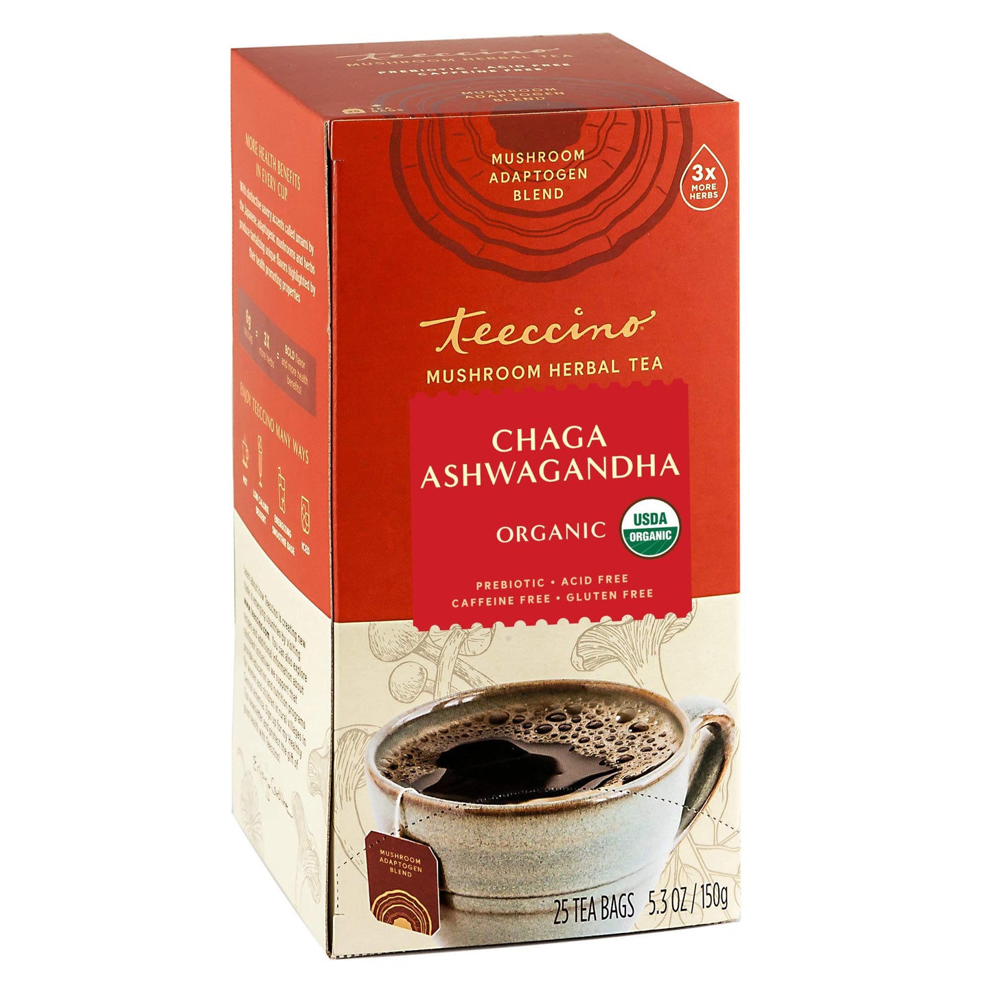 Teeccino Chaga Ashwagandha Tea - Butterscotch Cream - Organic Herbal Tea, Caffeine-Free, 25 Count, Gluten-Free
