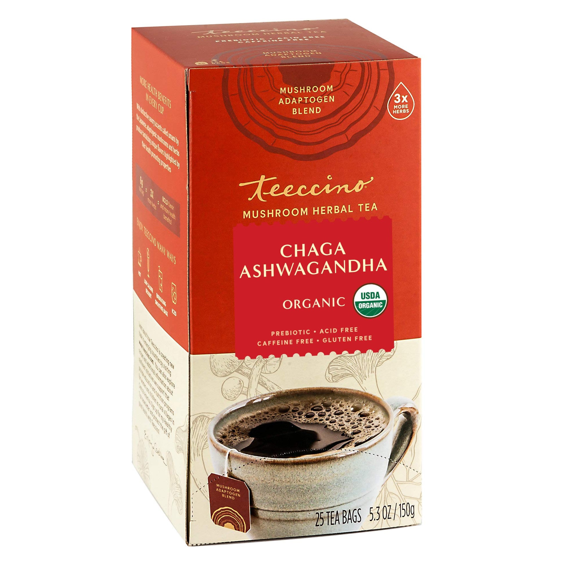 Teeccino Chaga Ashwagandha Tea - Butterscotch Cream - Organic Herbal Tea, Caffeine-Free, 25 Count, Gluten-Free