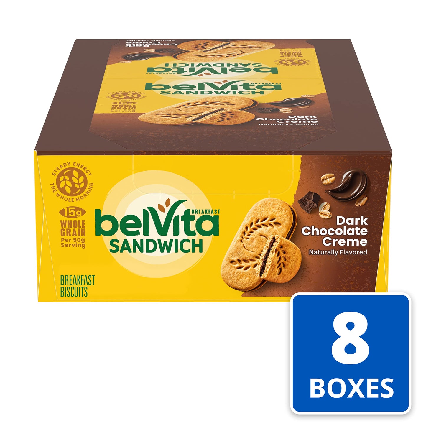 belVita Breakfast Sandwich Dark Chocolate Creme Breakfast Biscuits, 64 Total Packs, 8 Boxes (2 Sandwiches Per Pack)