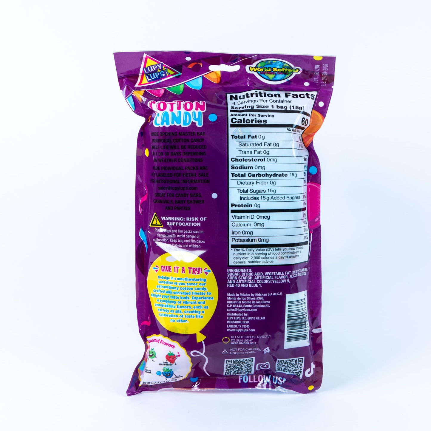 Lupy Lups Cotton Candy Party Pack of Assorted Flavors 4 Individually Wrapped 2.12oz Servings