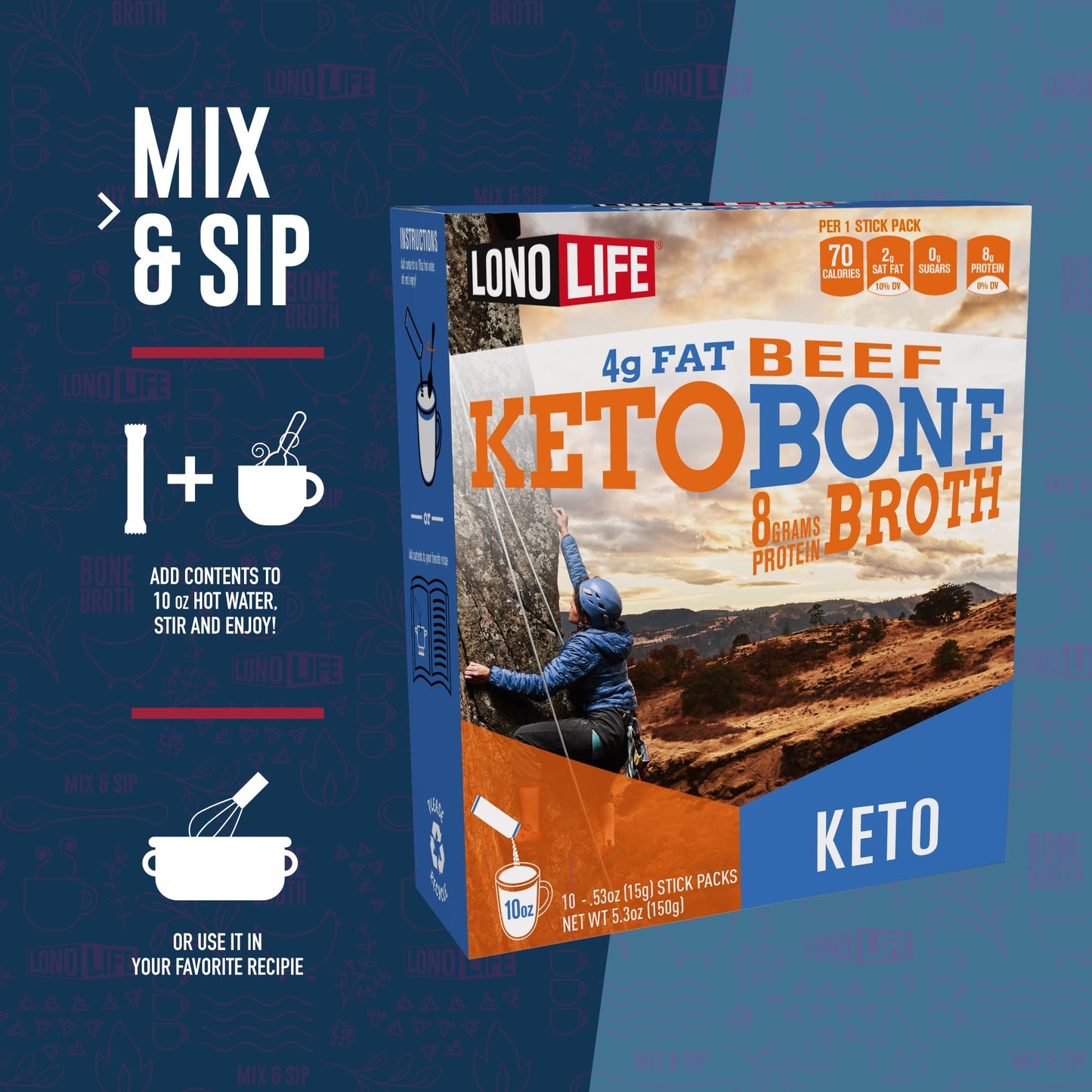 LonoLife Keto Beef Bone Broth Powder Mix, Collagen-Rich, 10g Protein, 8oz Bulk Container