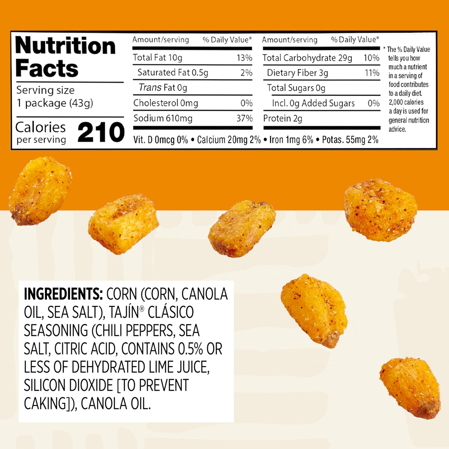 Snak Club Tajin Toasted Corn, Roasted Corn Nuggets with Chili and Lime Seasoning, Mild, Non-GMO, Gluten-Free, Kosher Snack, 1.5