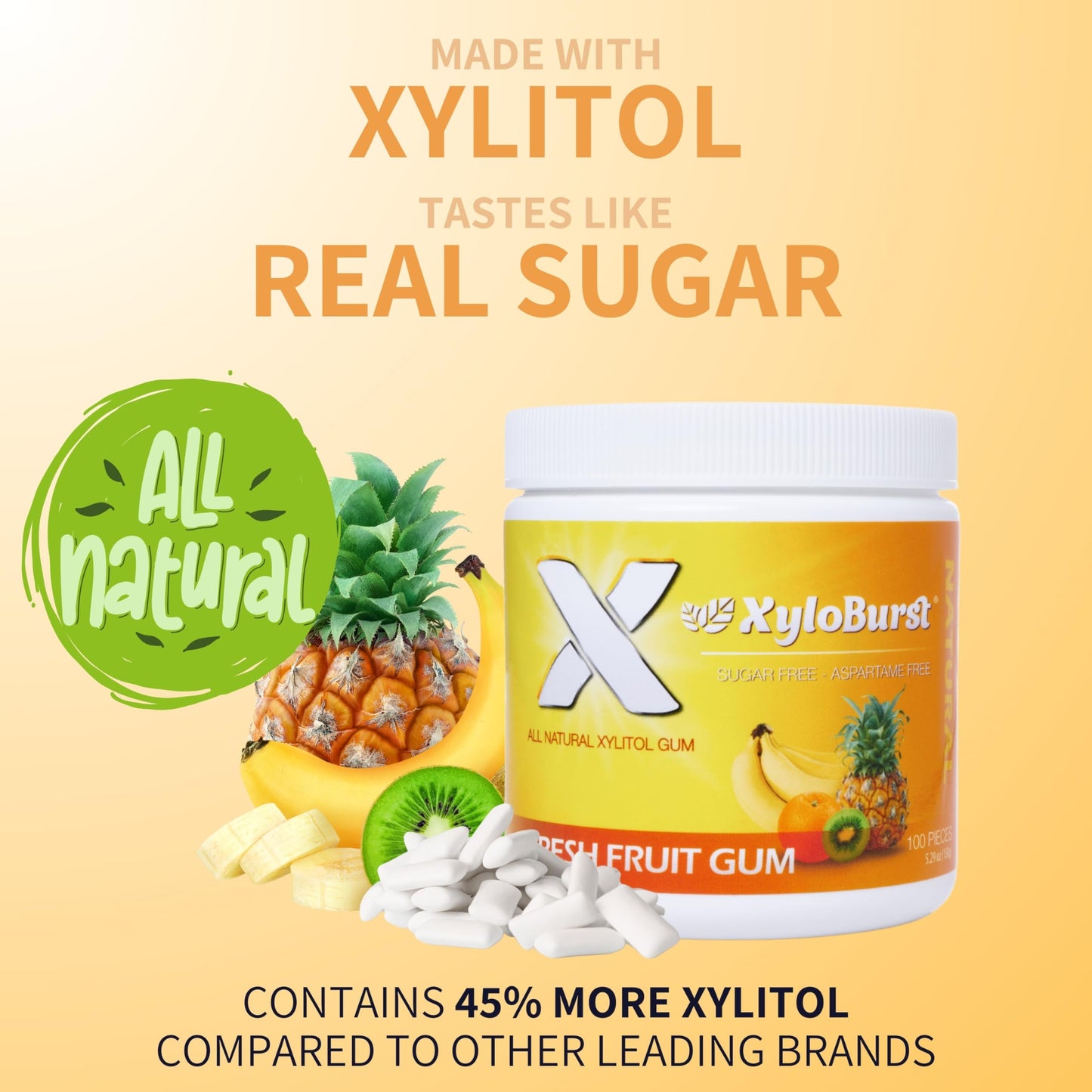 Xyloburst 100% Xylitol, Natural Chewing Gum 100 Count Jar Non Gmo, Vegan, Aspartame Free, Sugar Free (Fruit, 1 Jar)