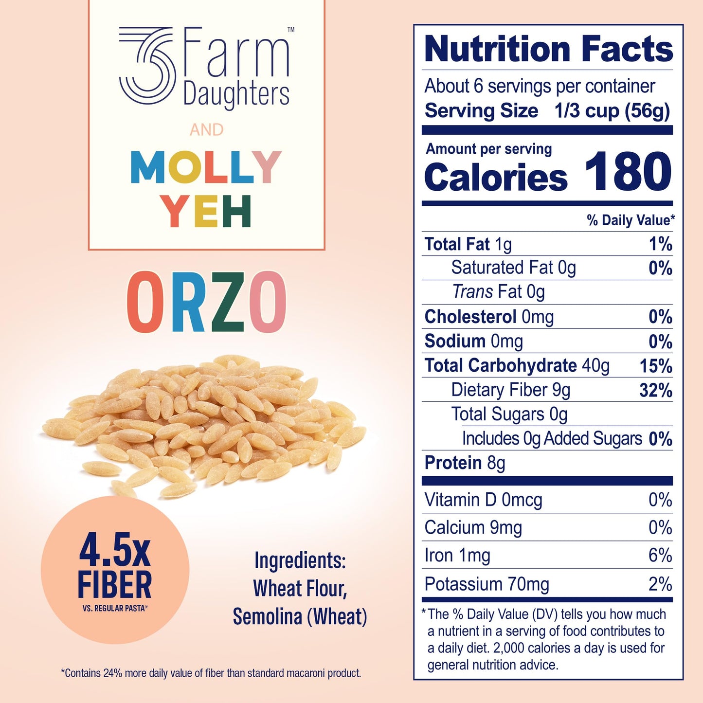 Three Farm Daughters X Molly Yeh High Fiber Orzo Pack, Irresistible, Low Gi, Non Gmo Orzo Pasta Noodles, Low Net Carb, Made In T