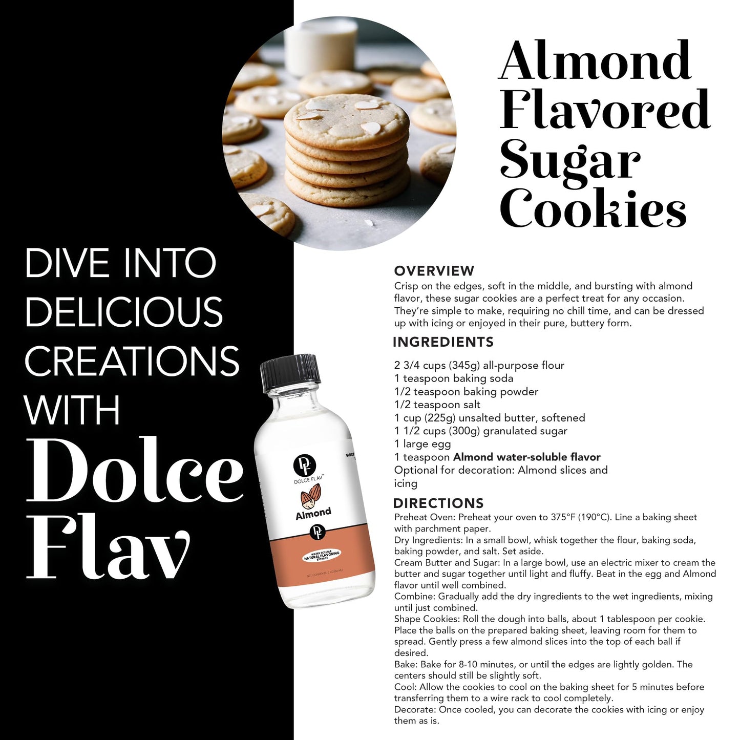 Dolce Flav Almond Extract, Water-Soluble, Sugar-Free, 2 Oz, Concentrated Flavoring for Baking, Pastries & Beverages