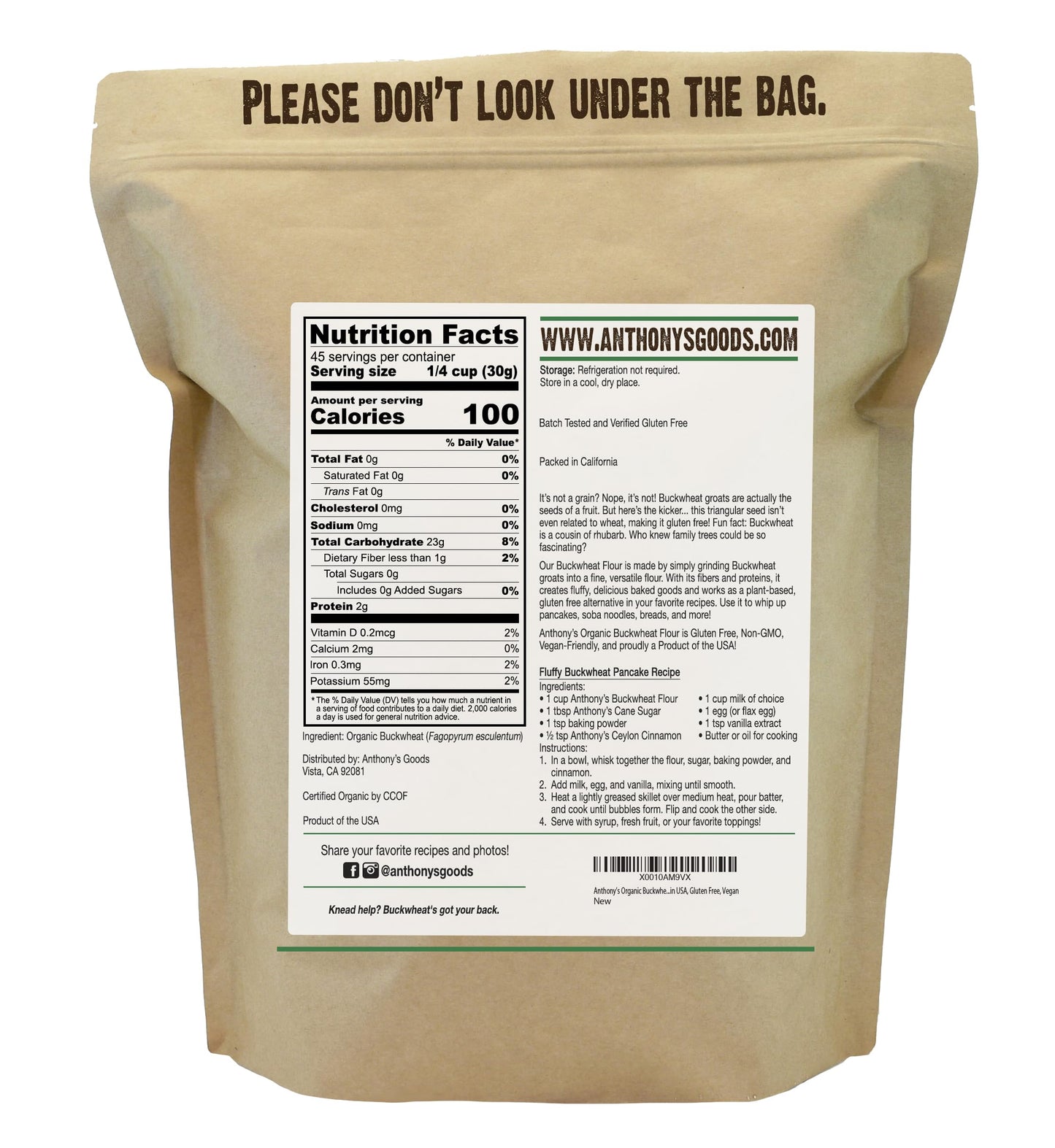 Anthonys Organic Buckwheat Flour, 3 lb, Grown in the USA, Gluten Free, Vegan