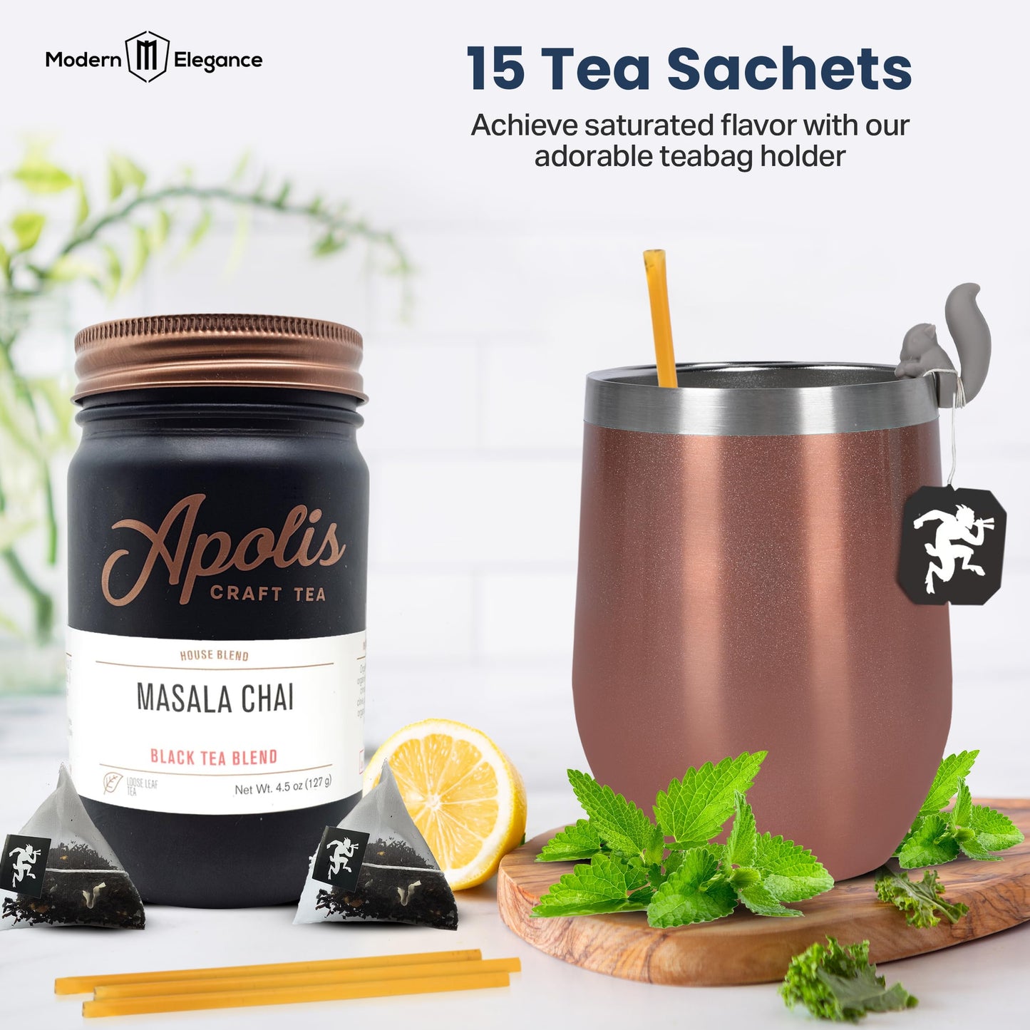 Modern Elegance Tea Gift Set for Mom - 15 Tea Sachets, 10 Honey Straws, Strainer, Spoon, Greeting Card, Masala Chai