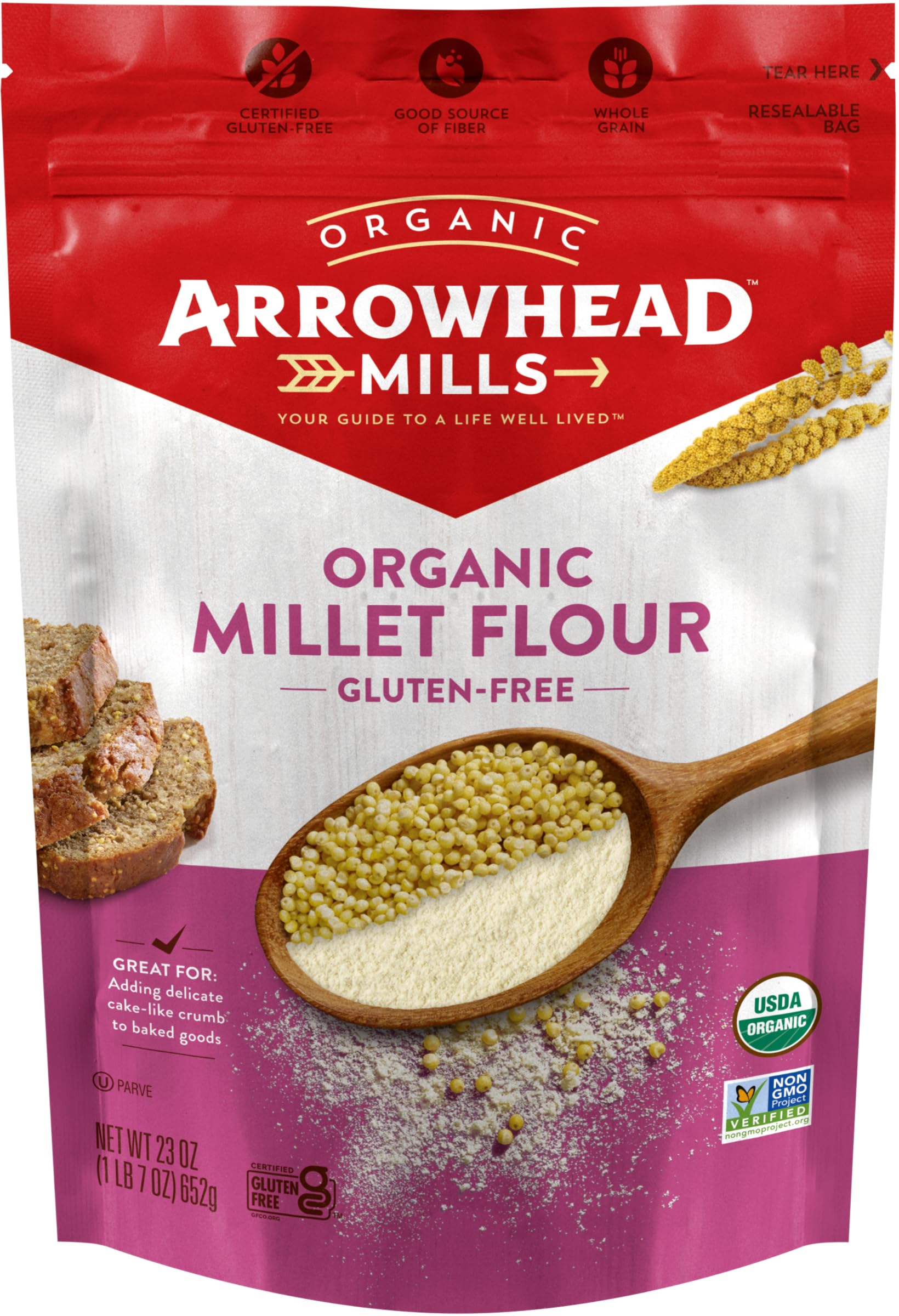 Arrowhead Mills Organic Gluten Free Millet Flour, 23 oz Bag, Pack of 1