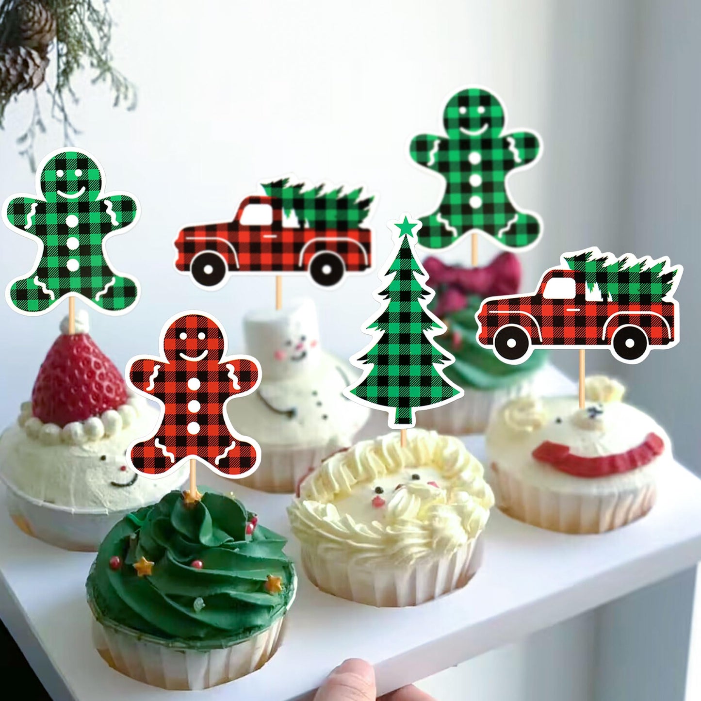 Ercadio 24 Pack Christmas Trees Cupcake Toppers, Paper, Merry Christmas Theme, Holiday Decorations, D-car Tree