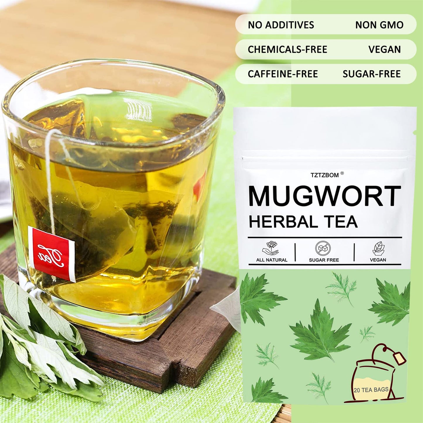 TZTZBOM Mugwort Tea Bags, Caffeine Free Herbal Tea, 20 Count, 2g per Bag