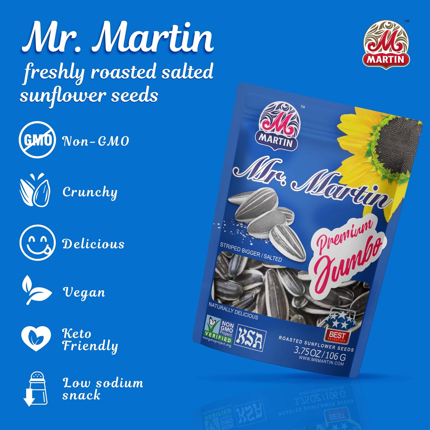Mr. Martin Enhanced Jumbo Salted Sunflower Seeds To Eat, Roasted, Keto Friendly Snack, Kosher, Non-Gmo, Vegan - 3.75 Oz, 16 Pack