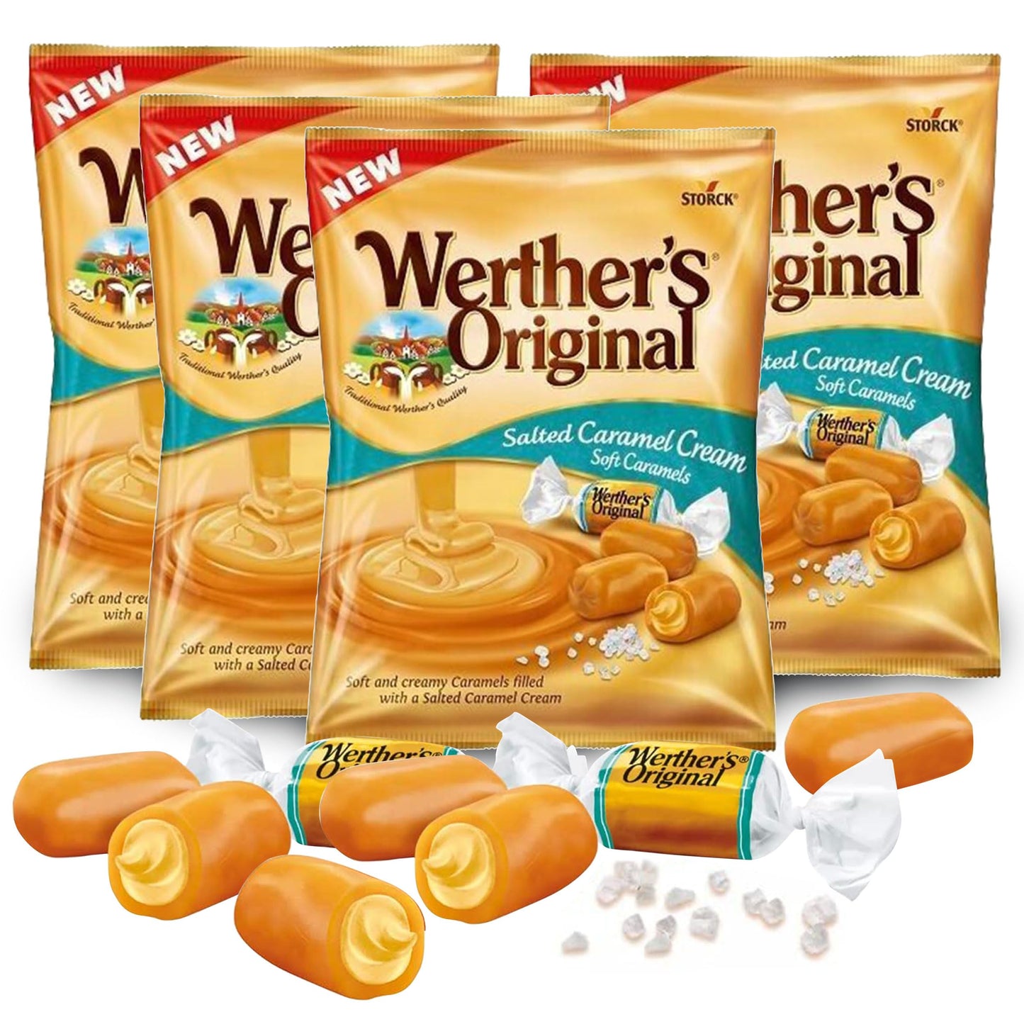 Werthers Original Salted Caramel Candy, Pack Of 4 - Individually Wrapped Werther Soft Caramel, Werthers Caramel Filled Candy, So