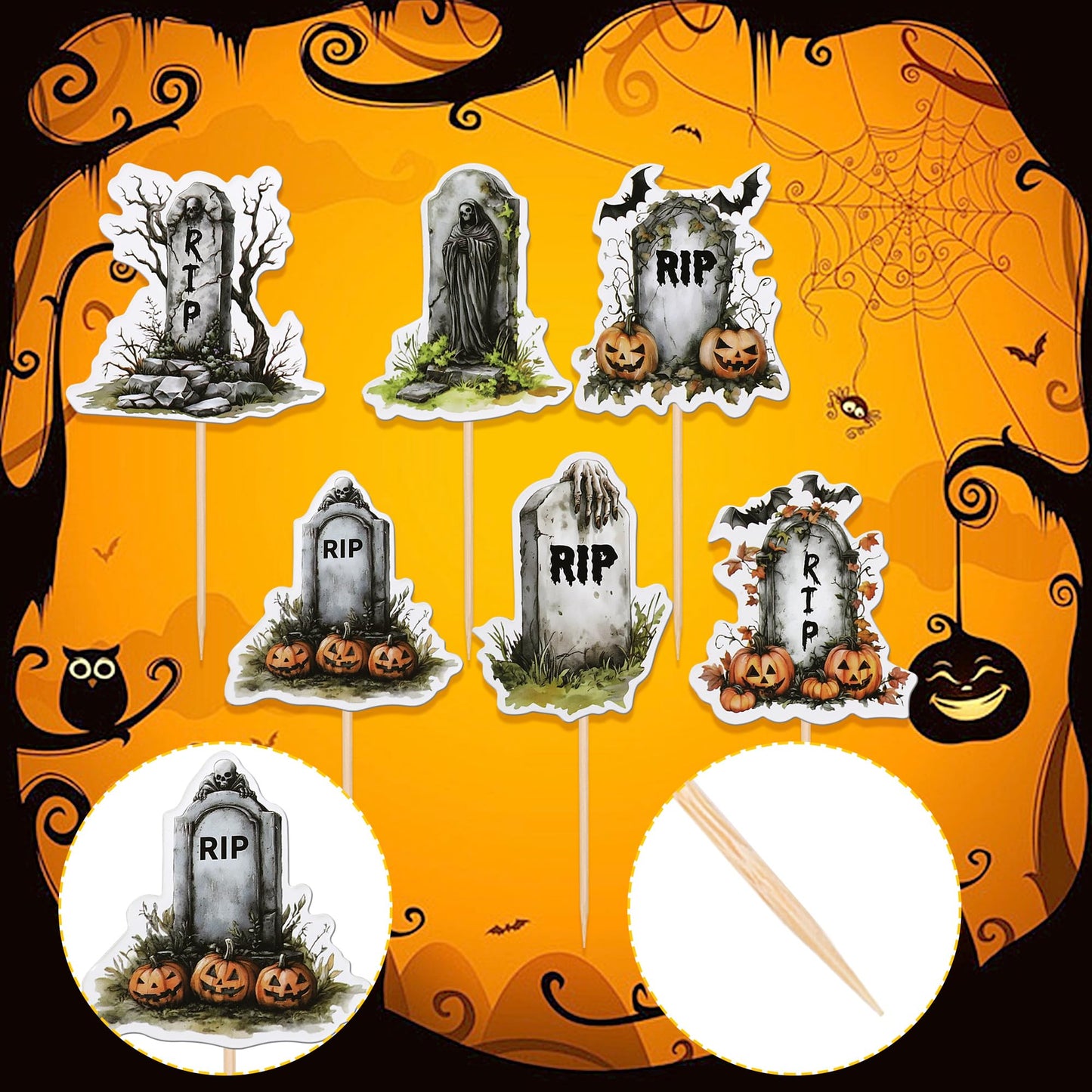 36 Pcs Halloween Tombstone Cupcake Toppers Rip Cemetery Graveyard Zombie Skeleton Pumpkin Bat Cupcake Picks Halloween Cupcake De