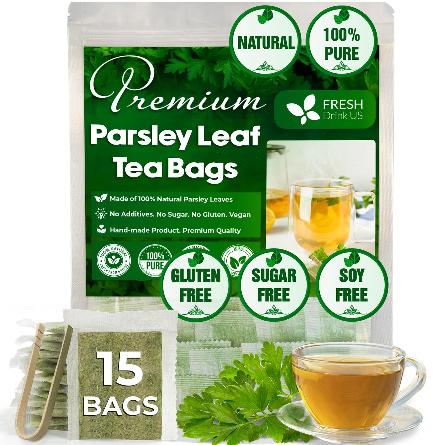 FRESHDRINKUS Parsley Leaf Herbal Tea Bags, 100% Natural, Vegan, 15 Tea Bags