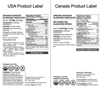 Food to Live Organic Blanched Roasted Hazelnuts, 12 Pounds - Non-GMO, Dry Roasted Filberts, No Skin, Whole Nuts, Unsalted, Koshe