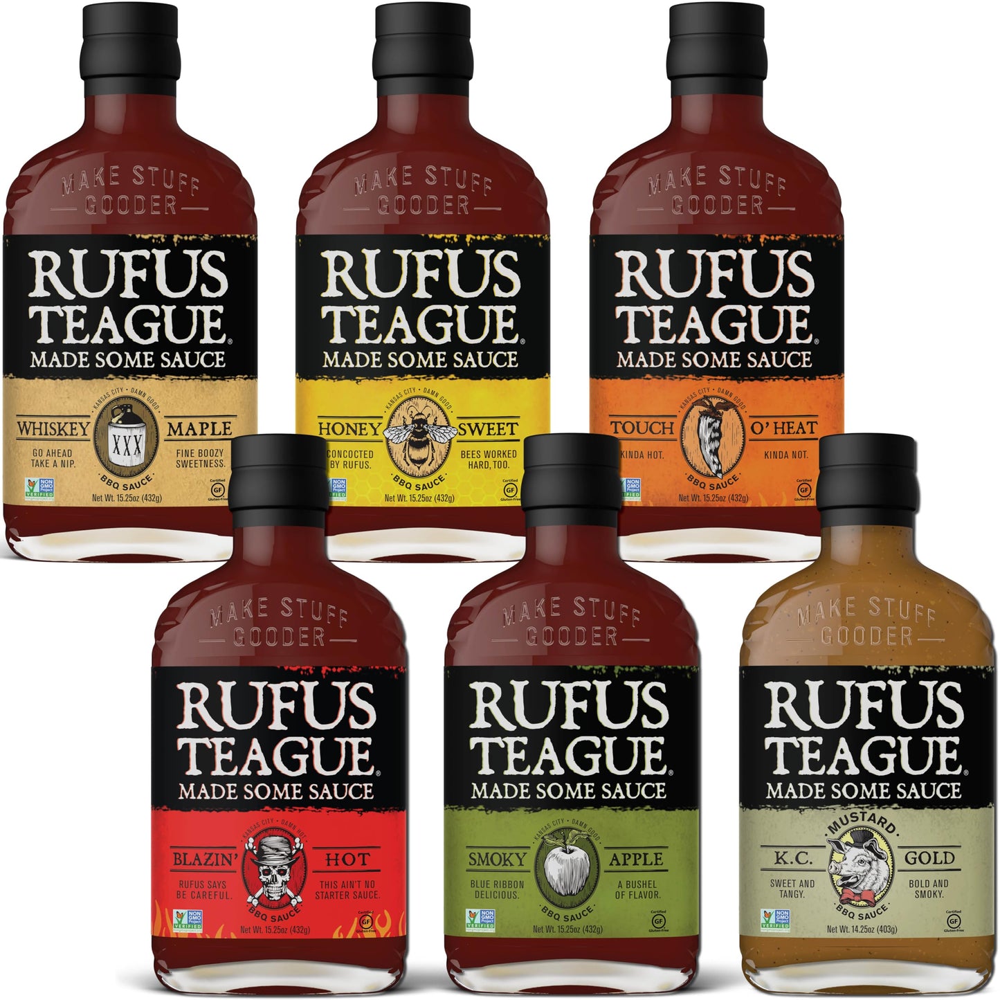 Rufus Teague Sweet BBQ Sauce Gift Set, Ultimate Variety Pack for Grilling and Marinating, 6 Flavor Collection, Ideal BBQ Gifts for Men Who Love Grilling