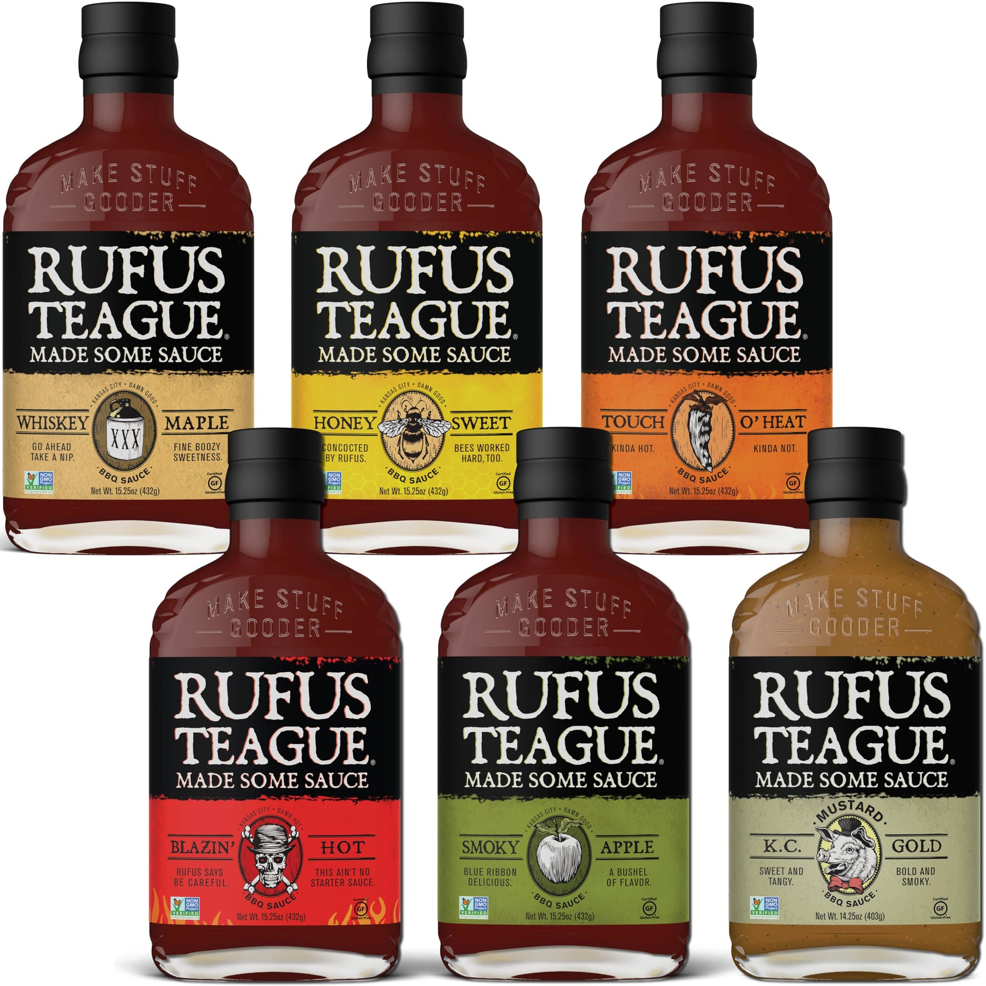 Rufus Teague Sweet BBQ Sauce Gift Set, Ultimate Variety Pack for Grilling and Marinating, 6 Flavor Collection, Ideal BBQ Gifts for Men Who Love Grilling
