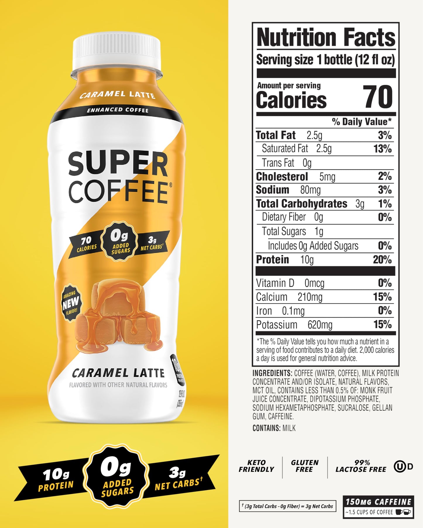 SUPER COFFEE Iced Keto Coffee, 10g Protein, 0g Added Sugar, Caramel, 12 Fl Oz (Pack of 12)