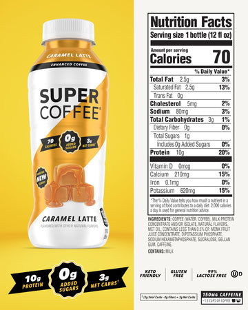 SUPER COFFEE Iced Keto Coffee, 10g Protein, 0g Added Sugar, Caramel, 12 Fl Oz (Pack of 12)