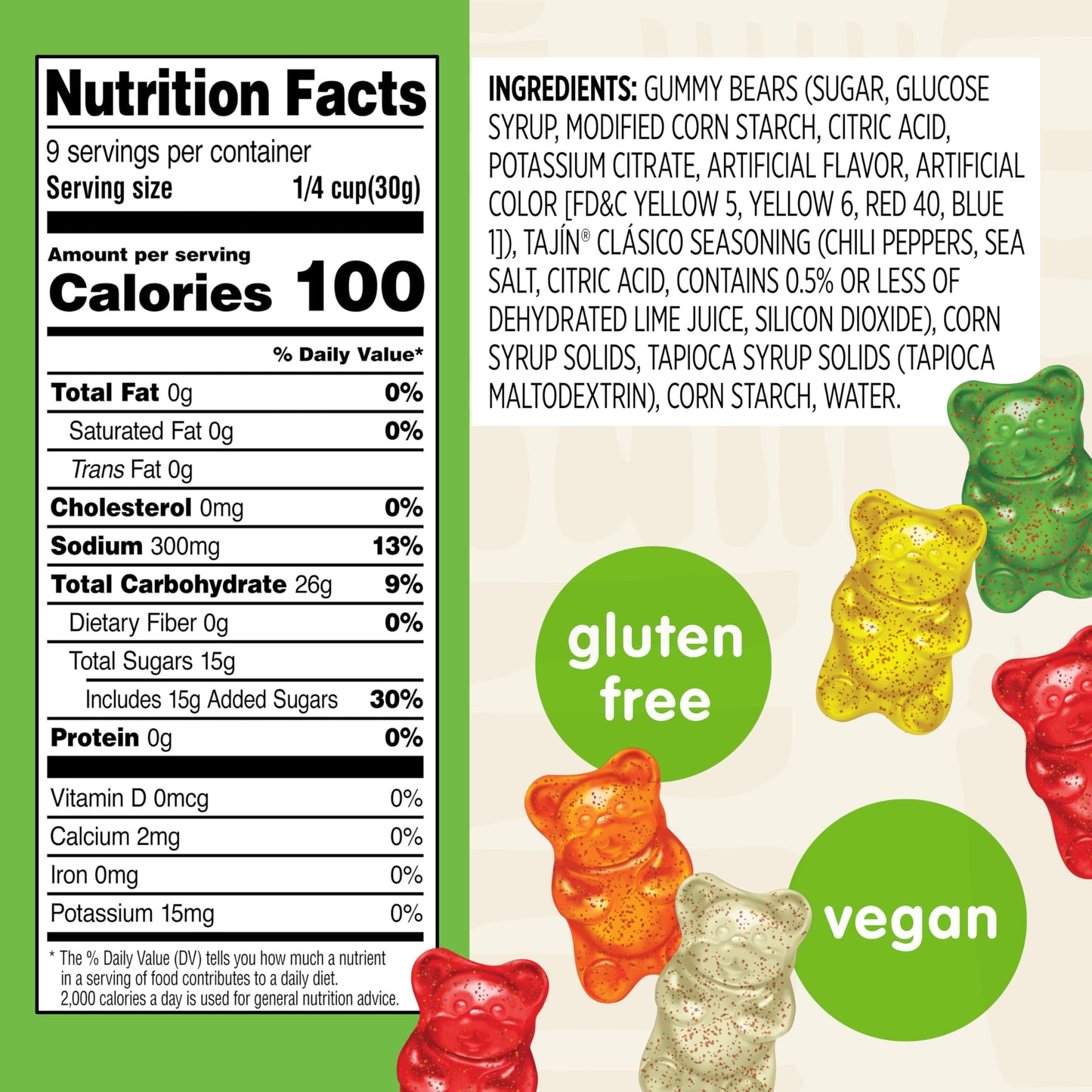 Snak Club Tajin Gummy Bears, Assorted Fruit Candy Gummies with Chili and Lime Seasoning, Mild Spice, Gluten-Free and Vegan Snack