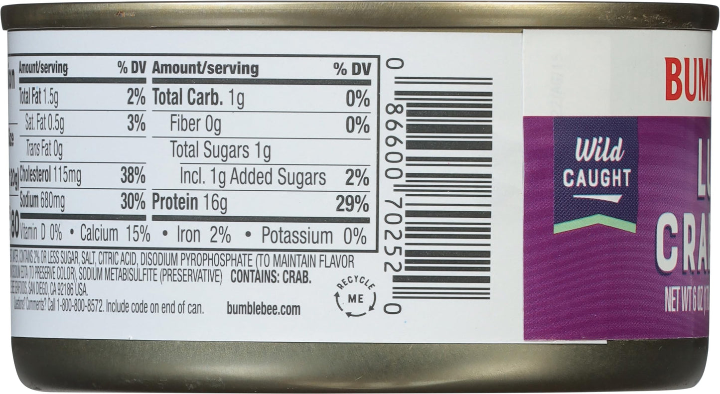 Bumble Bee Lump Crab Meat, 6 Oz Can - 14G Protein & 1G Carb Per Serving - Wild Caught, Small Chunks, Drain Before Use