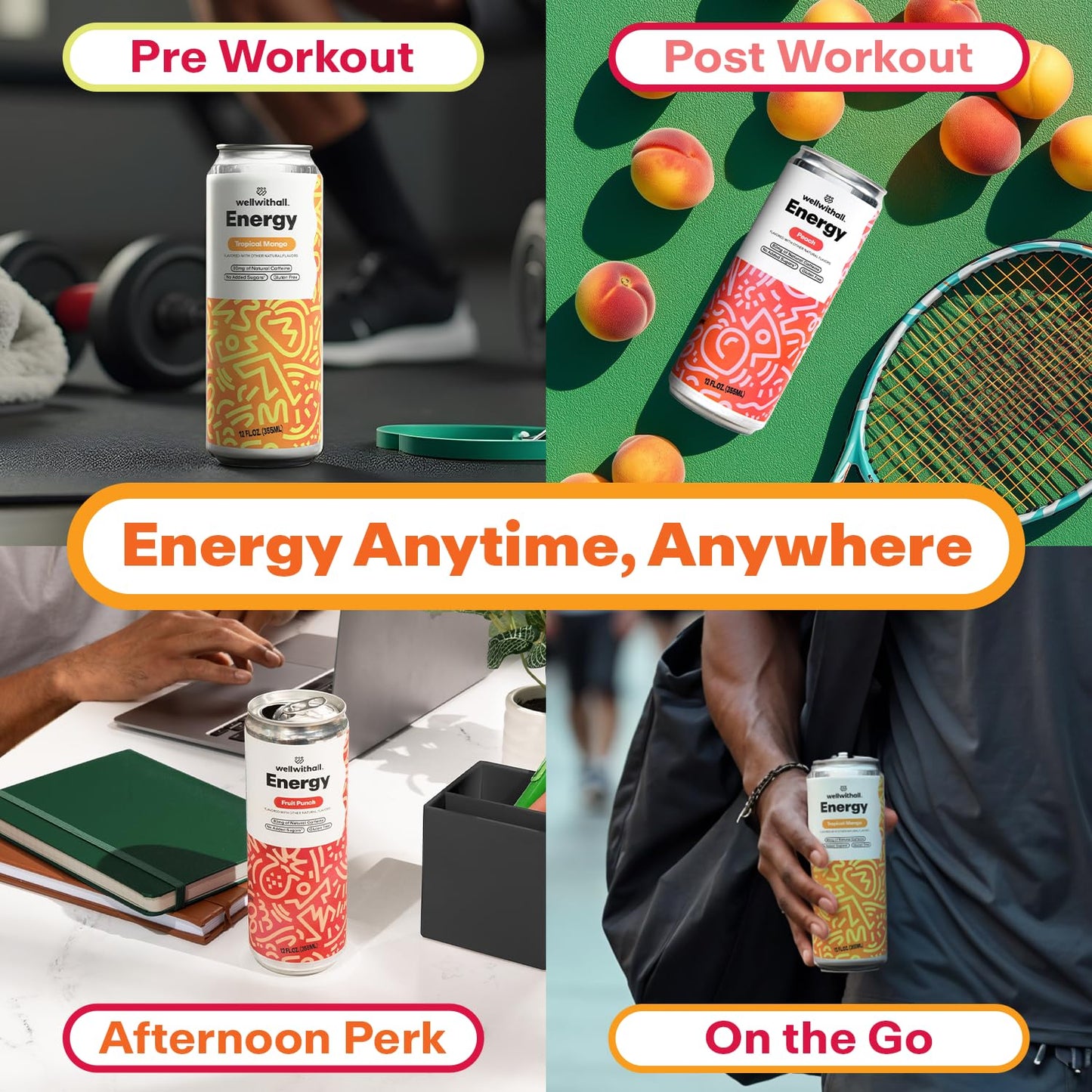 WellWithAll Energy Drink Variety Pack - Fruit Punch, Tropical Mango, Peach - 12 Fl Oz (Pack of 12) - Lightly Sparkling Beverage