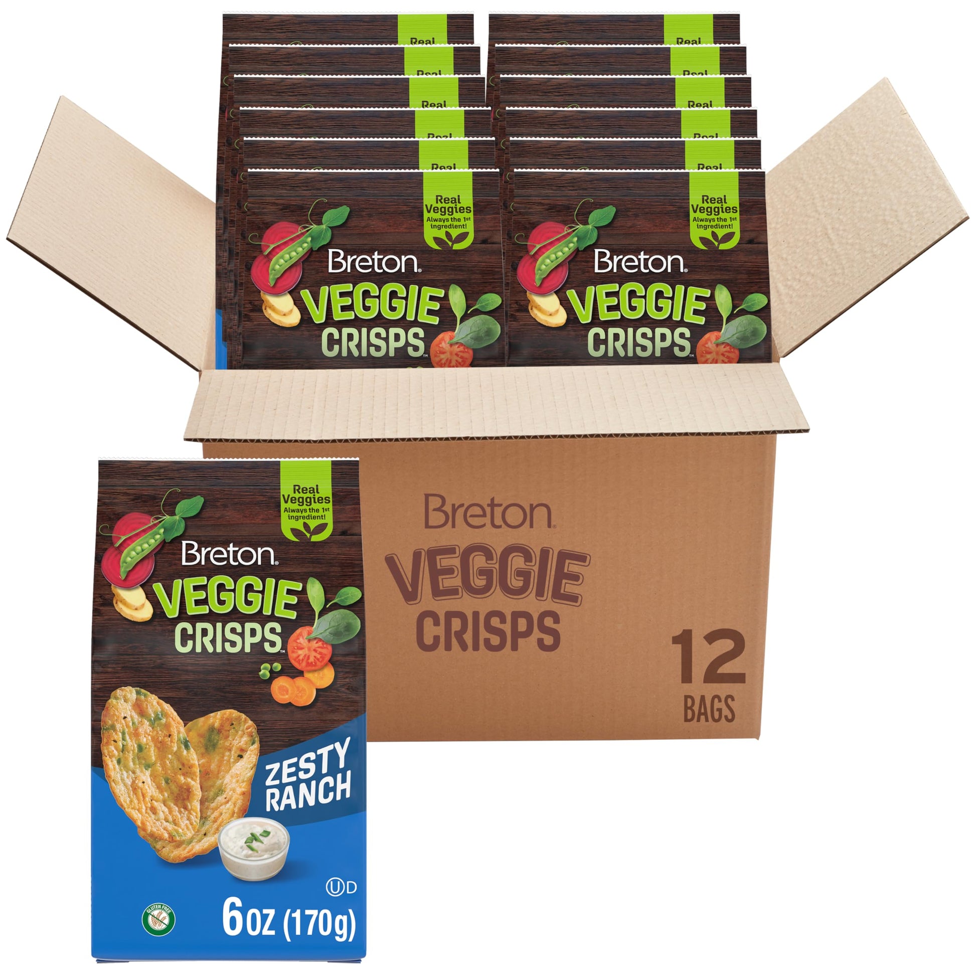 Breton Veggie Crisps Zesty Ranch (Pack of 12) - Popped not Fried Crisps, Made with Real Vegetables, Light and Crispy Gluten Free