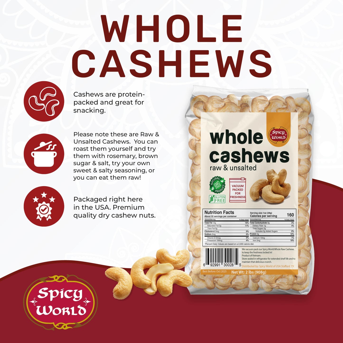 Spicy World Raw Cashews Whole 2 Pound (32Oz) - Non-Gmo, Unsalted, Natural & Pure Whole Cashews - Great For Pesto, Salads, Baking