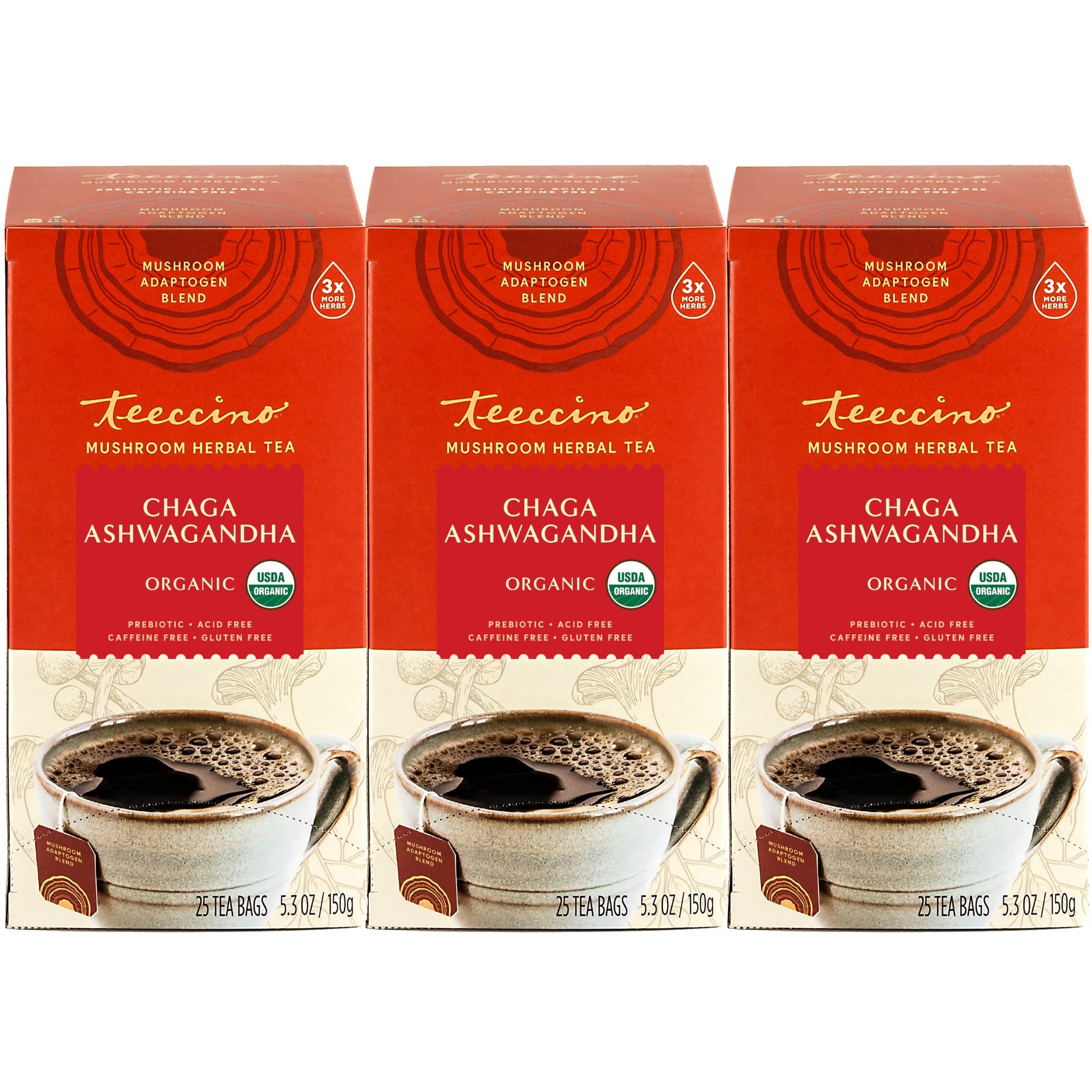 Teeccino Mushroom Adaptogen Herbal Tea - Chaga Ashwagandha Butterscotch Cream - 25 Tea Bags (Pack of 3)