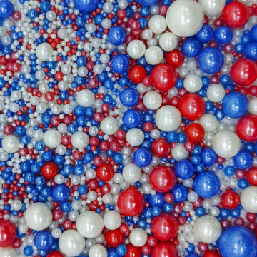 Edible Red & Blue & White Sugar Pearls Sprinkles Candy Mix Size Pearls Cake Decorations Cupcake Toppers Decorating Perfect For W