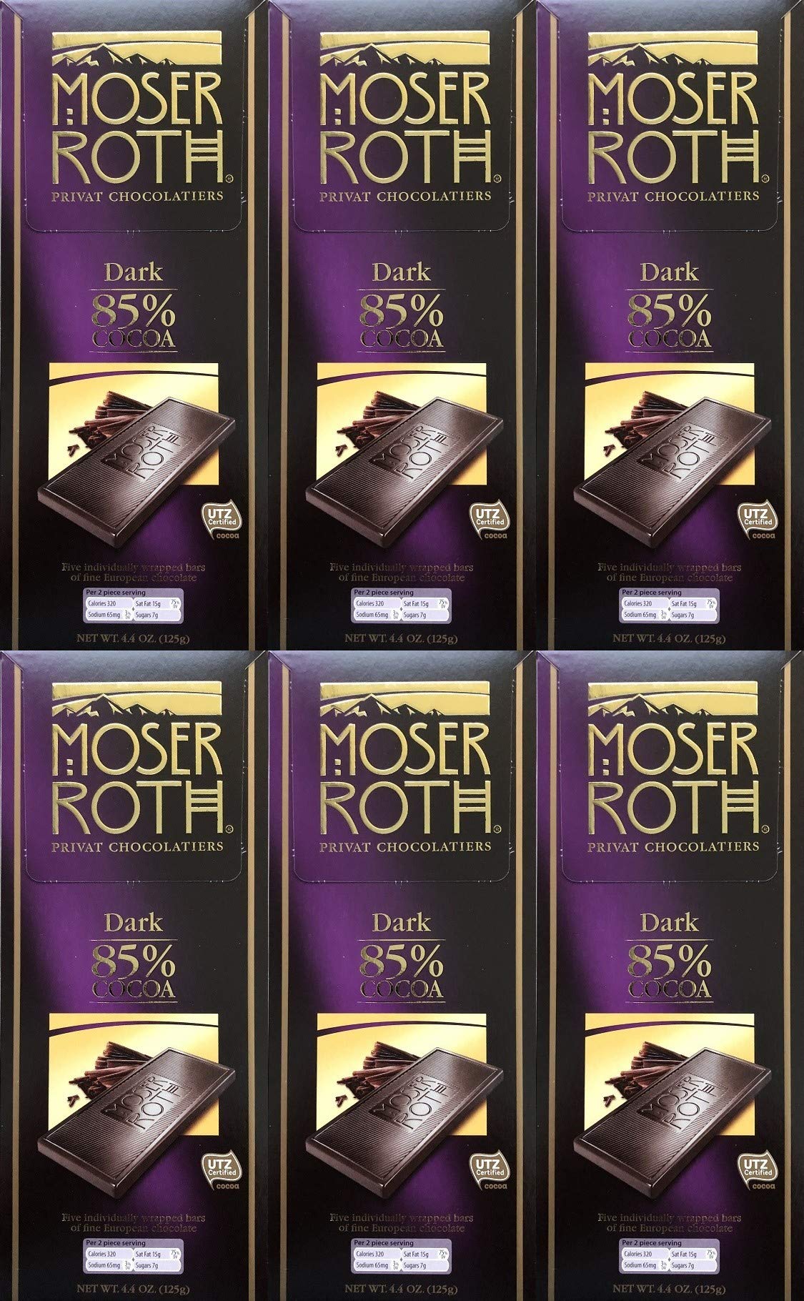 Boxed 6 Pack  85% Cocoa Dark Chocolate  Moser Roth Fine German Chocolate Bar (S)  With Bonus Sample