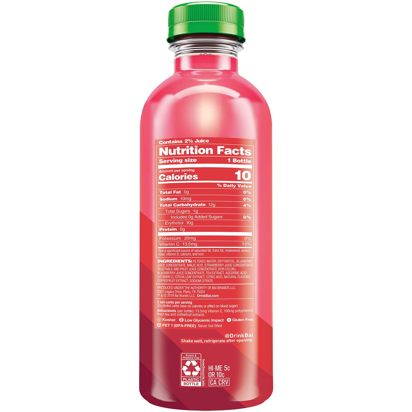 Bai Boost Watamu Strawberry Watermelon Antioxidant Beverage, 18 Fl Oz Bottle, Pack of 12