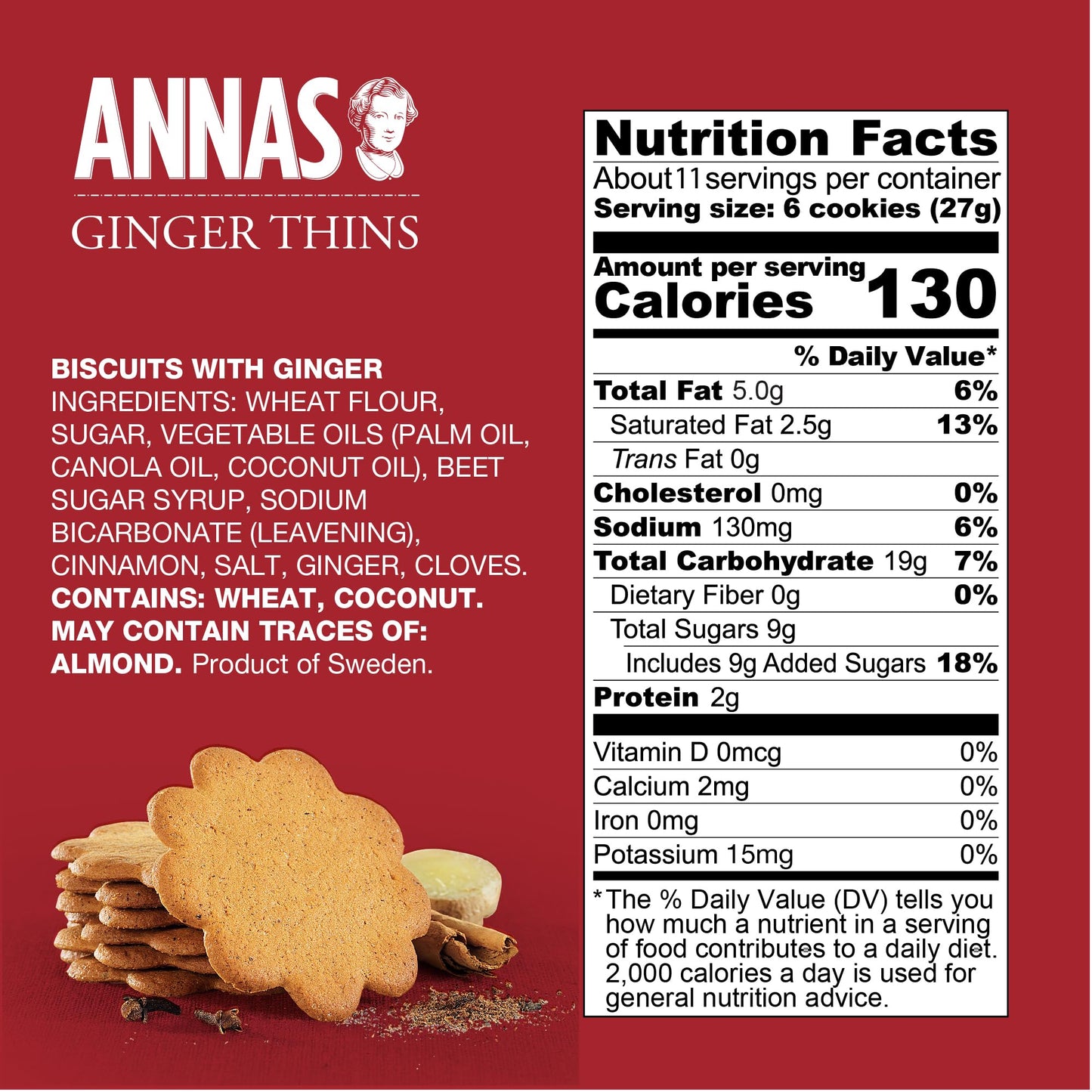Annas Thins - Ginger Pepparkakor - 10.6 Ounce (Pack of 1) non GMO + Vegan