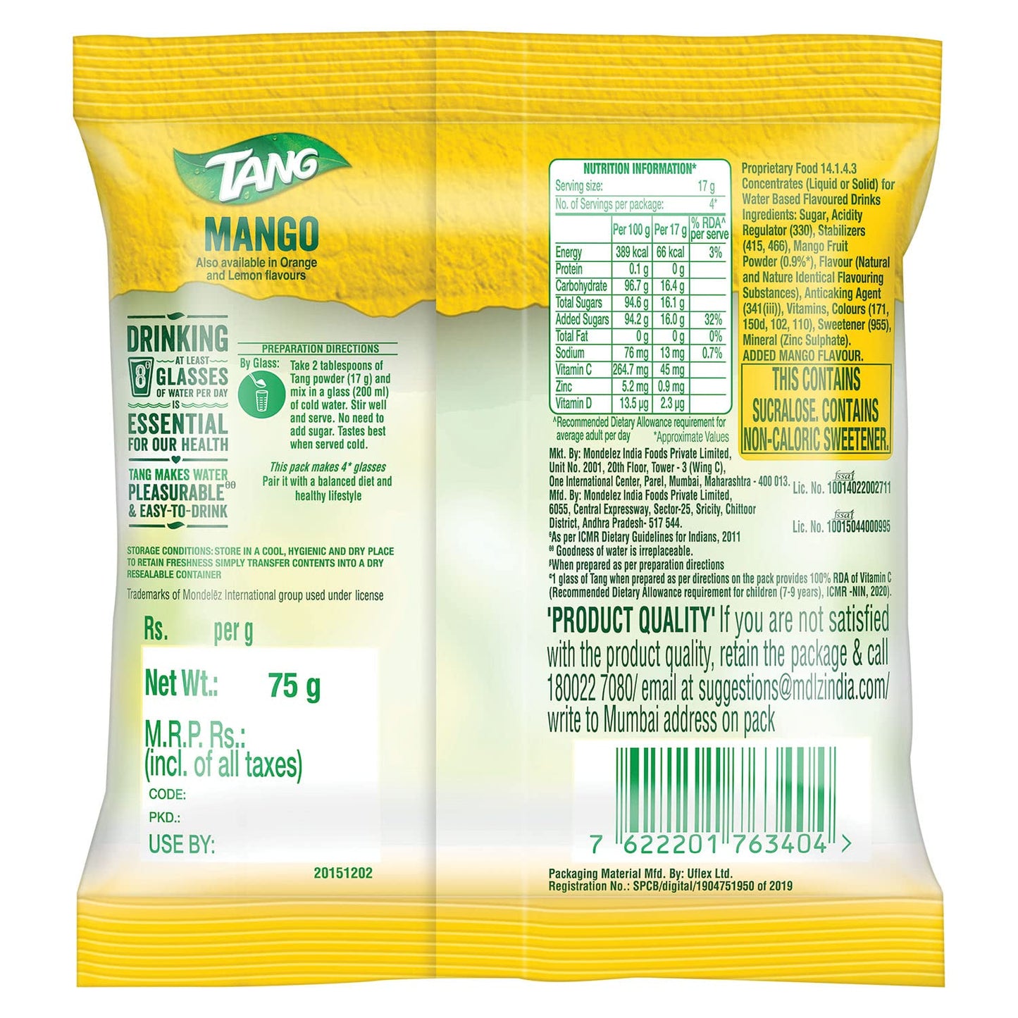 Tang Instant Drink Mix - Mango, 75G Pouch