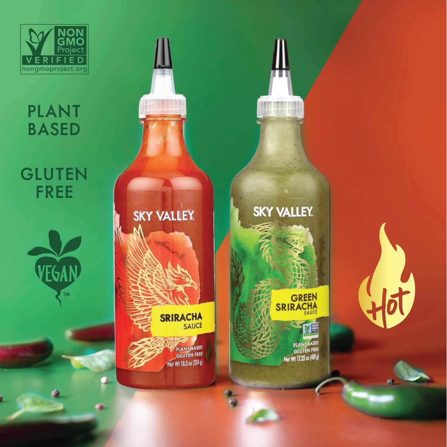 Sky Valley Sriracha Sauce Bundle (Green and Red Sriracha Sauce) - Hot Sauce, Lime, Red Jalapeno Peppers, Vegan, Gluten Free, Non