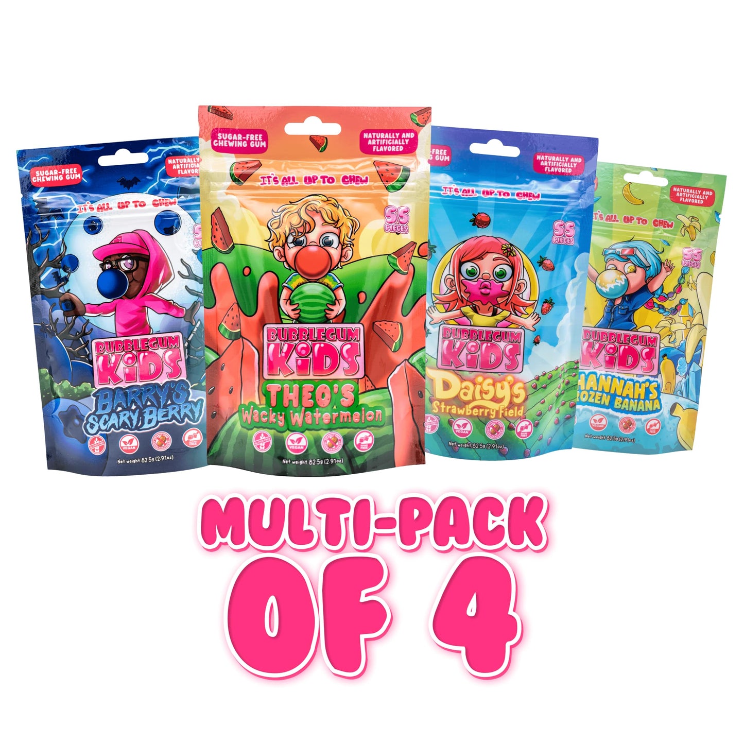 Bubblegum Kids Sugar Free Gum – Vegan Friendly, Retro Flavor Variety Pack (4 Pack, 55 Count) – Watermelon Pink, Blueberry Blue, Strawberry Red