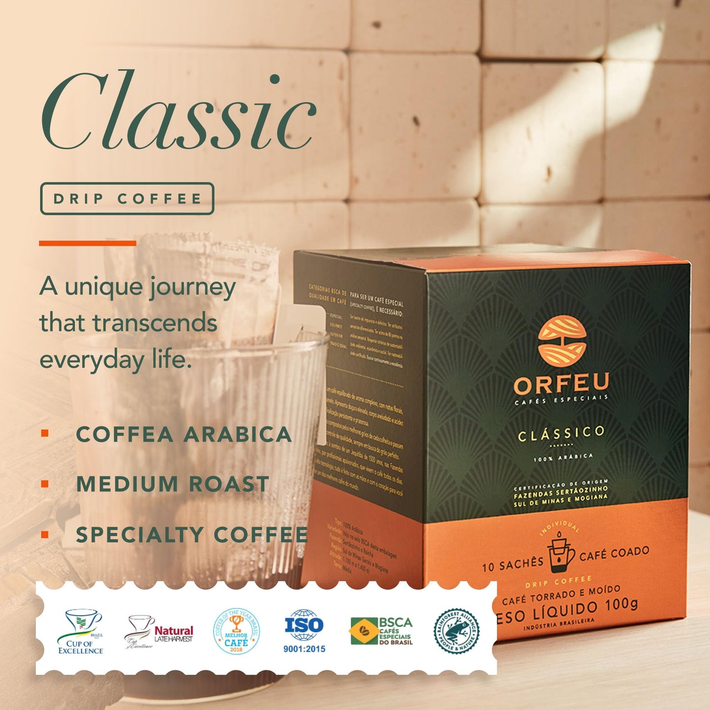 ORFEU - Special Coffee Classic Drip Sachet - 100% Arabica Coffee, Medium Roasted, Aroma of Floral, Fruity & Caramel, Balanced Ac