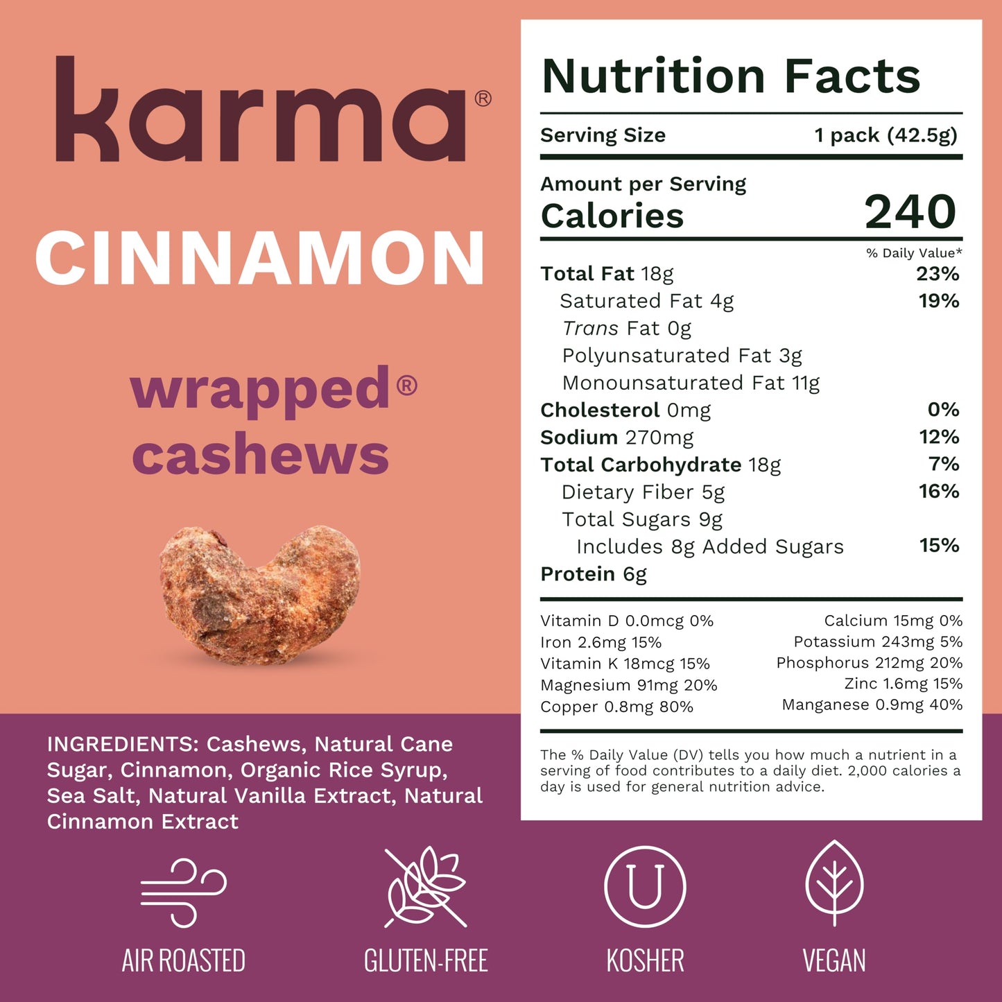 Cinnamon Cashews with Skin by Karma Nuts, Whole, Sweet, Roasted, Vegan, Gluten Free, Low Net Carb, Natural, Everyday Nut Snack,