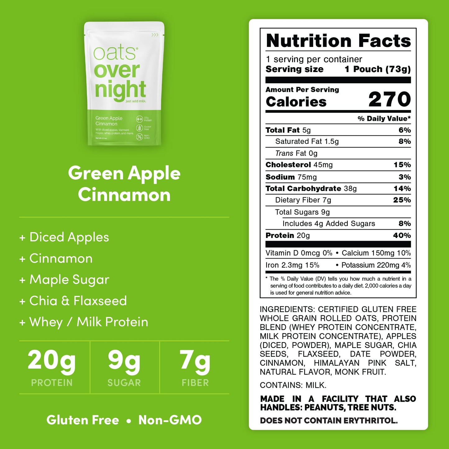 Oats Overnight Green Apple Cinnamon Overnight Oats, 20g Protein, High Fiber, Gluten Free, 2.6 oz (Pack of 8)