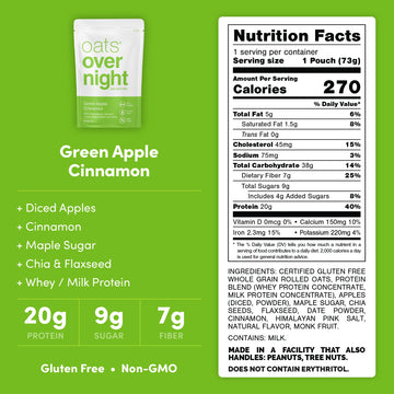 Oats Overnight Green Apple Cinnamon Overnight Oats, 20g Protein, High Fiber, Gluten Free, 2.6 oz (Pack of 8)