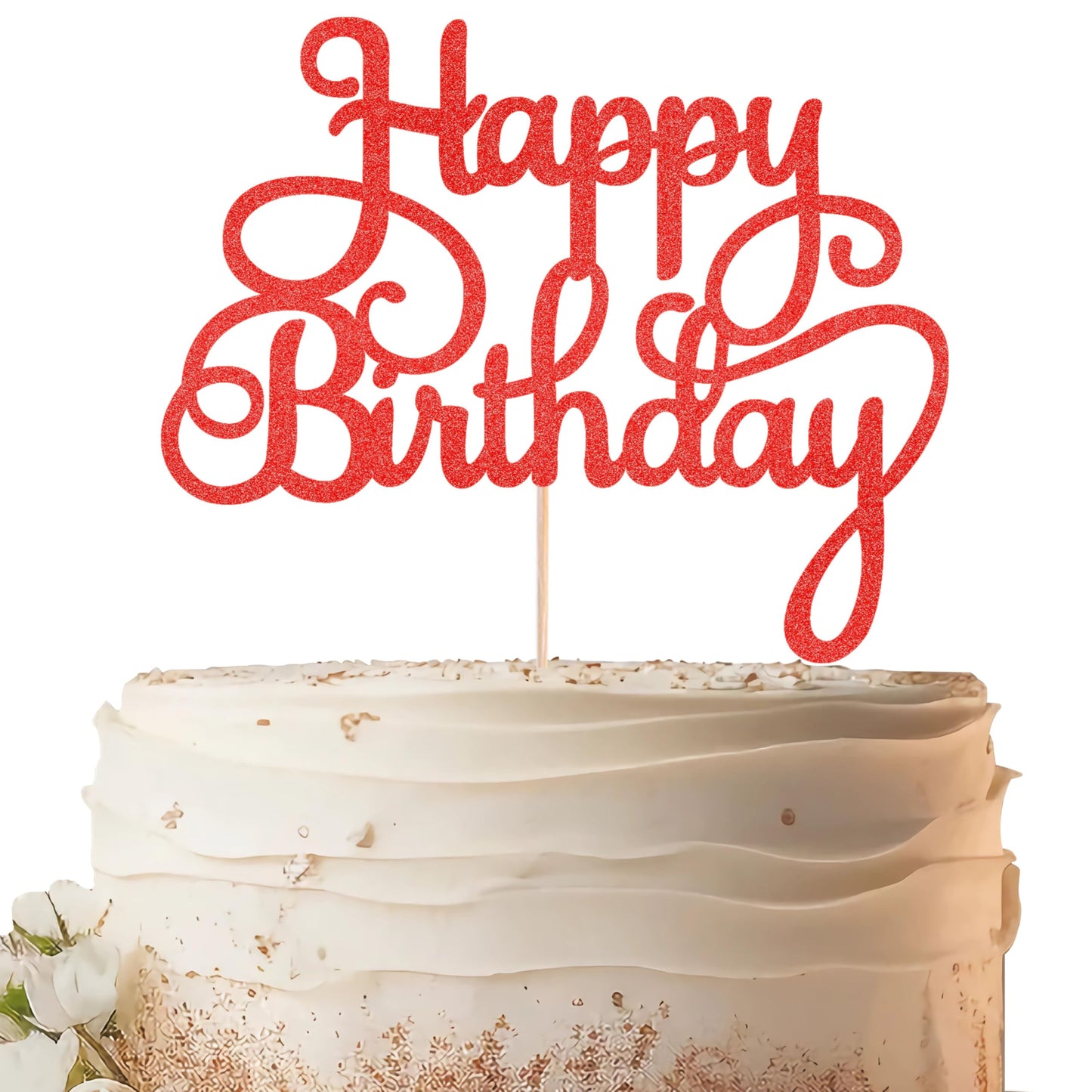 EONNCNT Happy Birthday Cake Topper - Red Glitter Paper Decoration - MOUCCT-HB