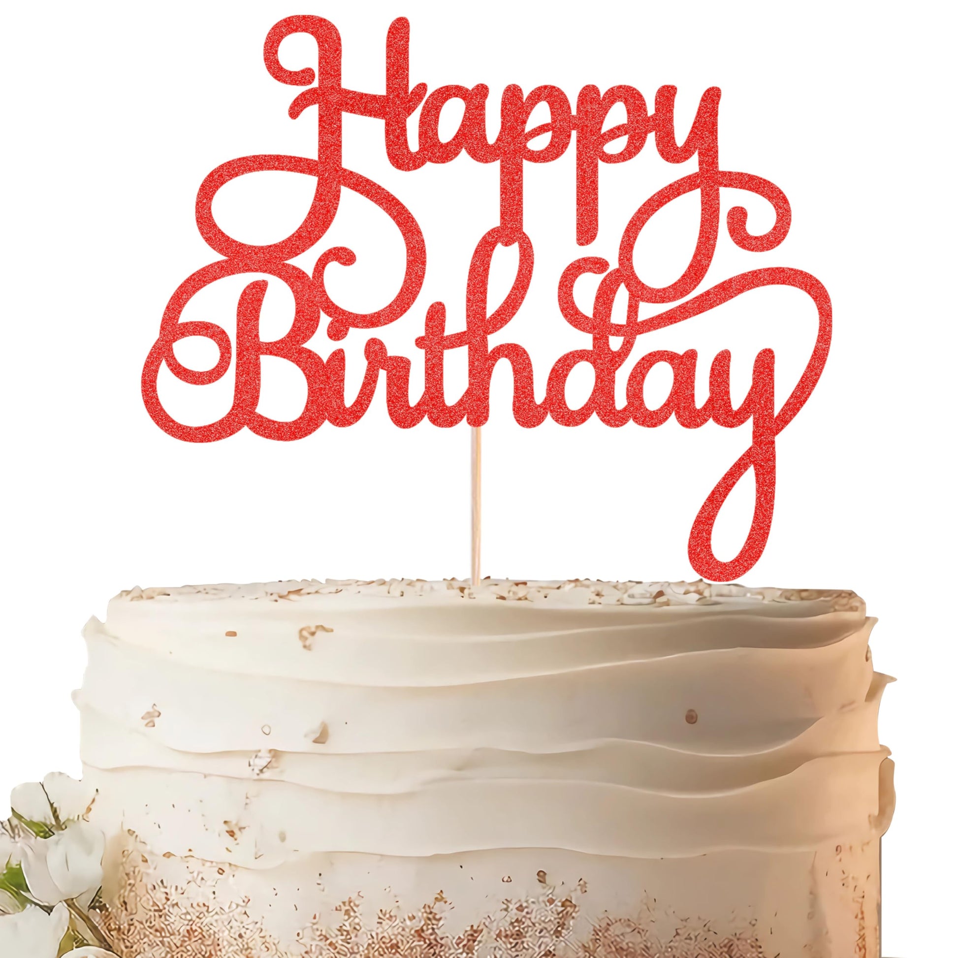 EONNCNT Happy Birthday Cake Topper - Red Glitter Paper Decoration - MOUCCT-HB