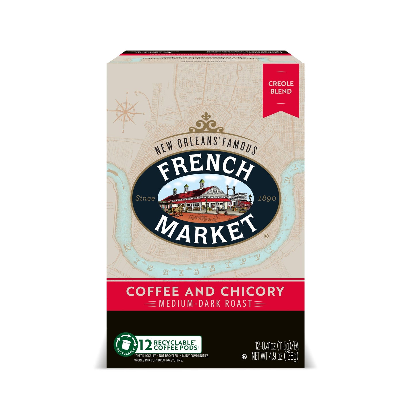 French Market Coffee & Chicory Medium-Dark Roast Single Serve Coffee Pods, 12Ct Box (Pack Of 6)