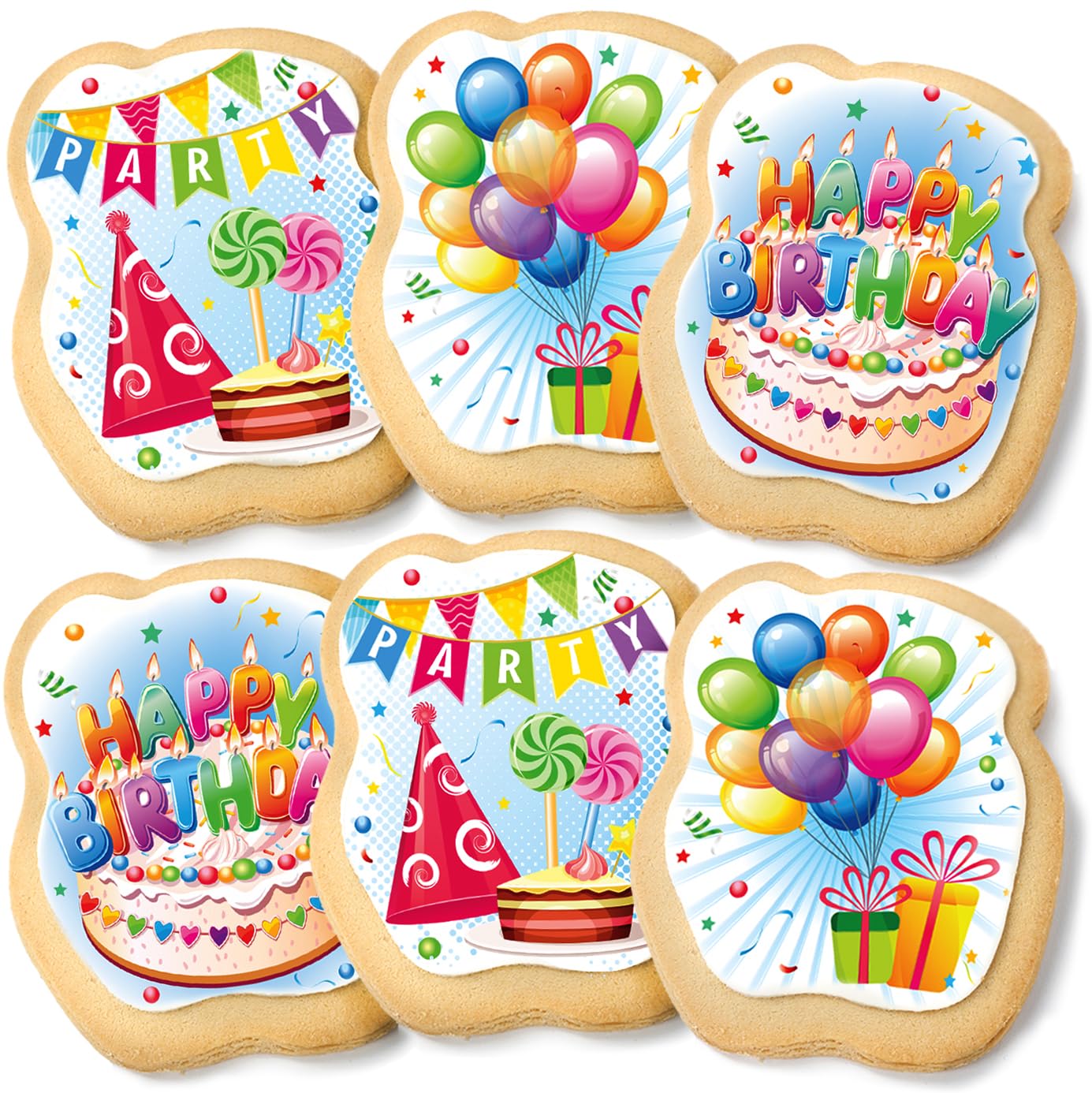 Happy Birthday Cookies Decorated Gift Basket Large 6 Pack | Individually Wrapped Sugar Cookie Jumbo With Icing Cake Party | Nut-Free Kosher