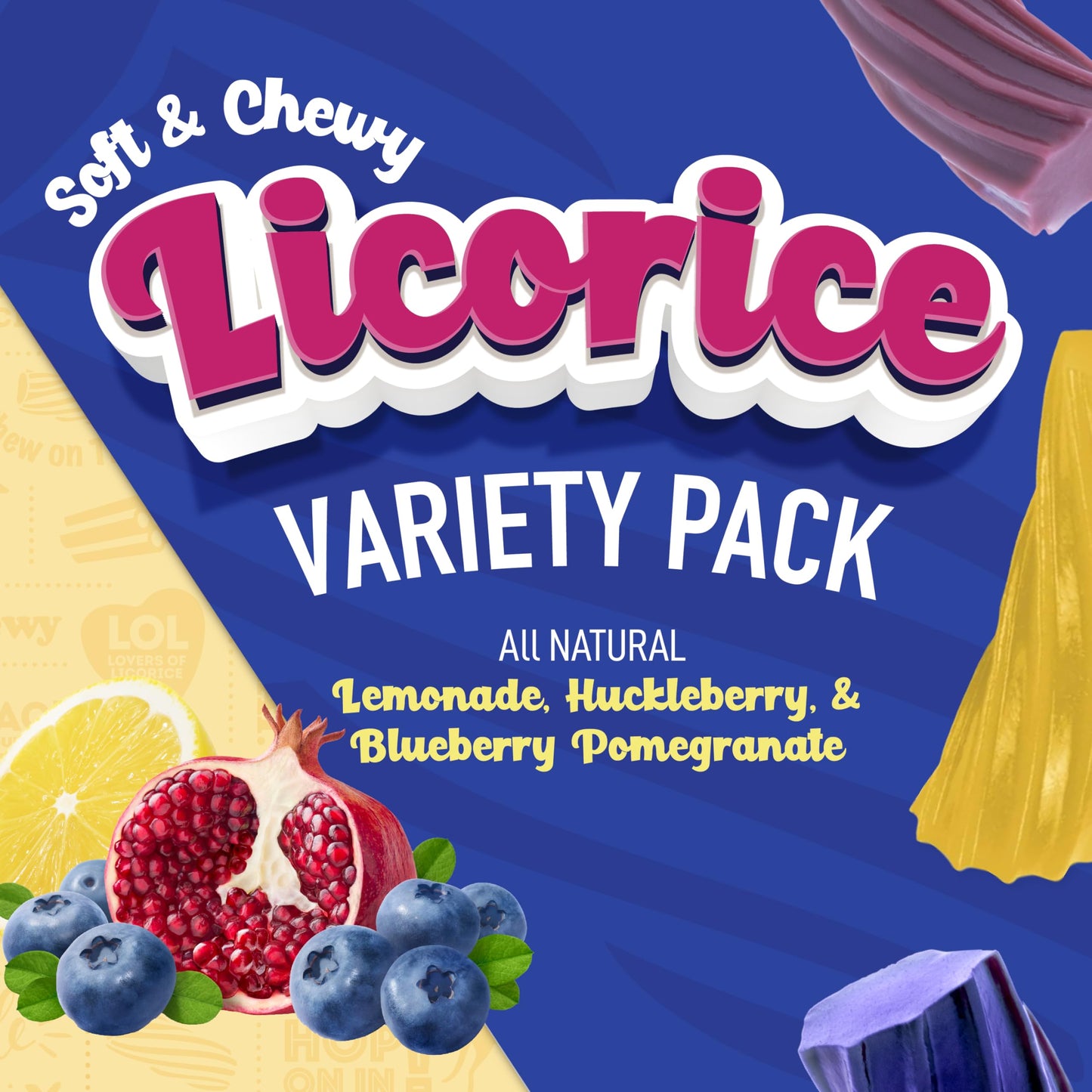 Wiley Wallaby Licorice Variety Pack - Huckleberry, Lemonade & Blue Pomegranate Classic Gourmet Australian Style Soft & Chewy Lic