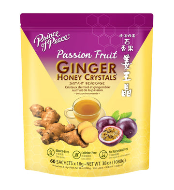 Prince of Peace Instant Ginger Honey Crystal with Passion Fruit 18g x 60 (bag) - Instant Hot or Cold Beverage that Soothes Throat - Easy to Brew - Drink Like a Tea - Gluten Free - Real Ginger