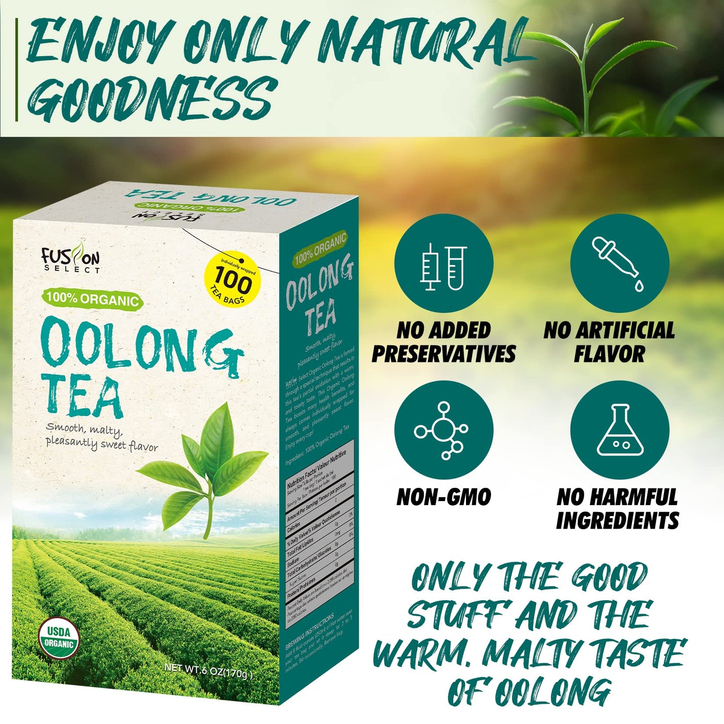 Fusion Select 200 Counts Organic Oolong Tea - Smooth, Mildly Sweet Flavor - Relaxing & Calming Fresh Herbal Drink - Instant Blen