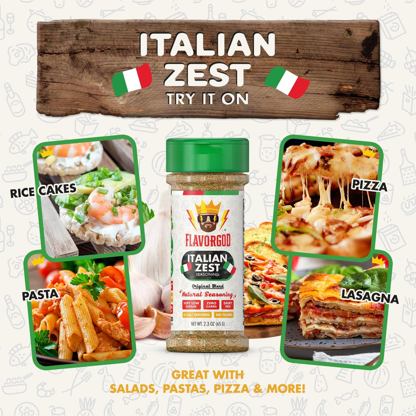 Flavor God Italian Zest Seasoning Mix - All Natural Spice Blend, 2 Bottles, Kosher, Low Sodium, Vegan, Keto Friendly